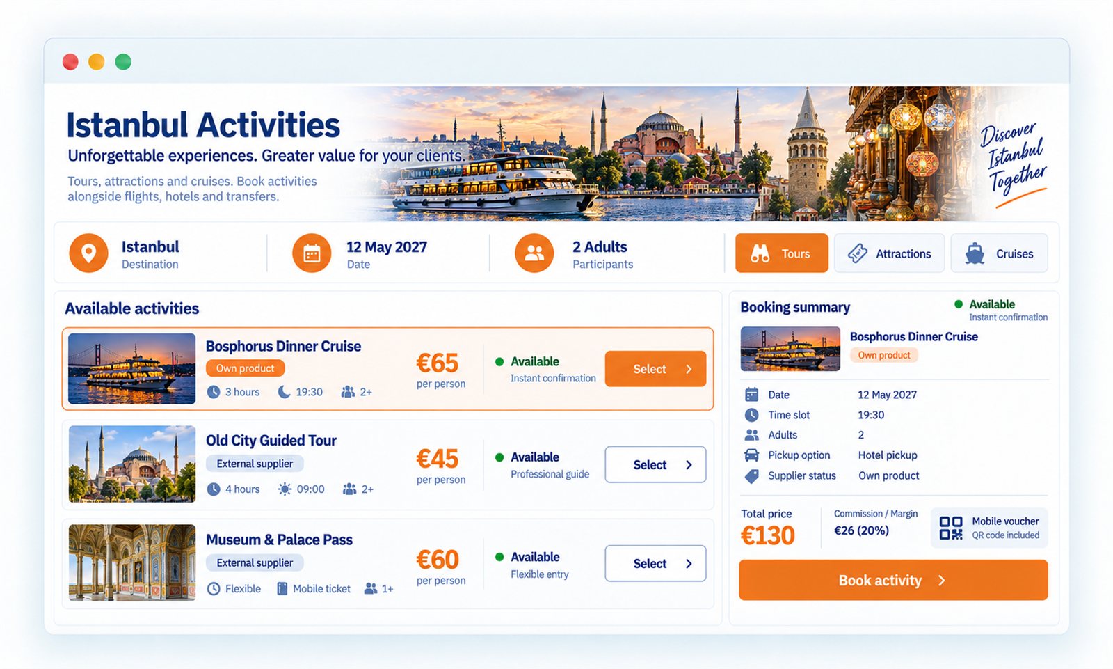Activity search results — tours, attractions and cruises with own products and external suppliers, plus booking summary