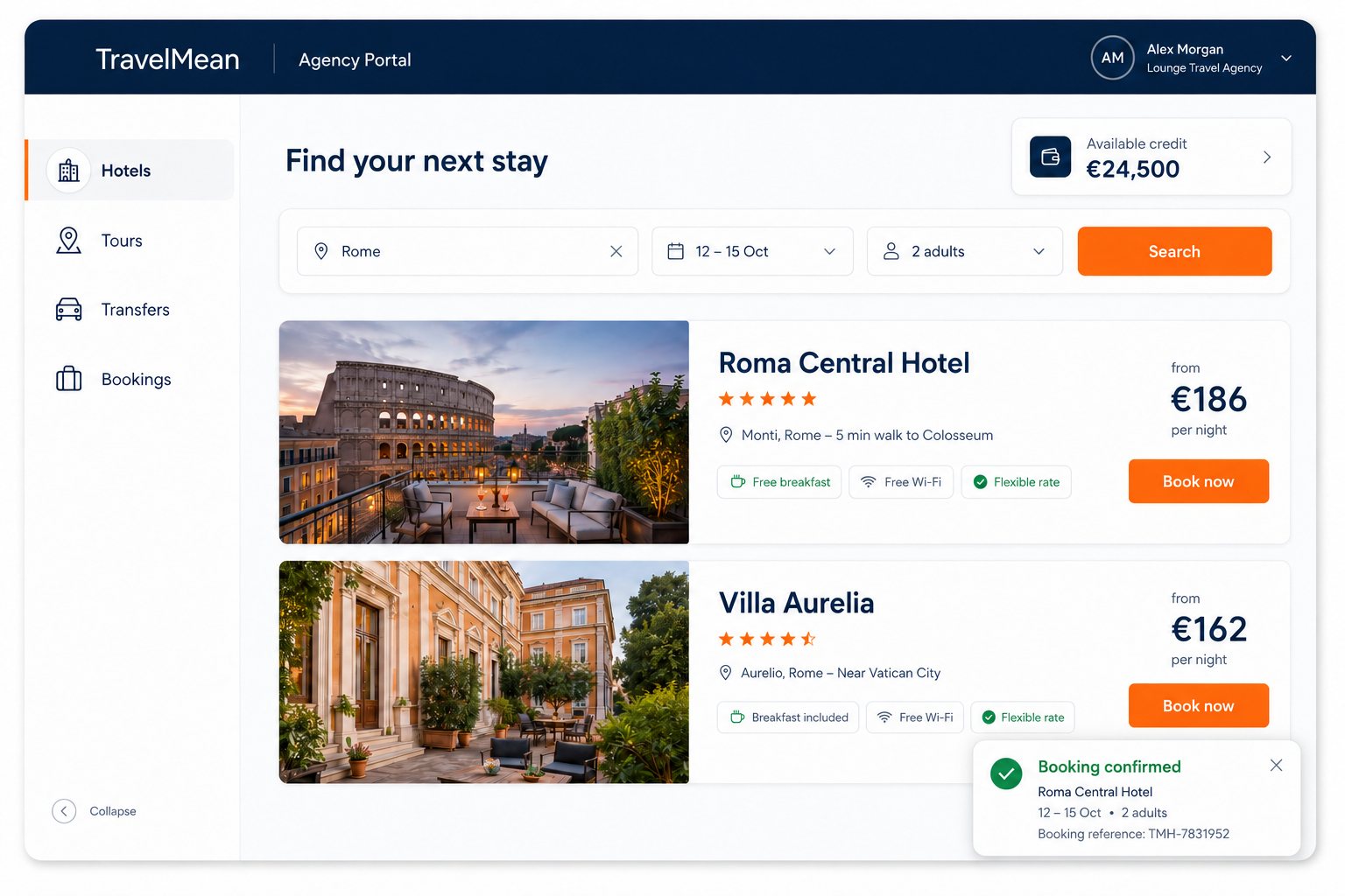 TravelMean agency portal — hotel search results with instant booking confirmation