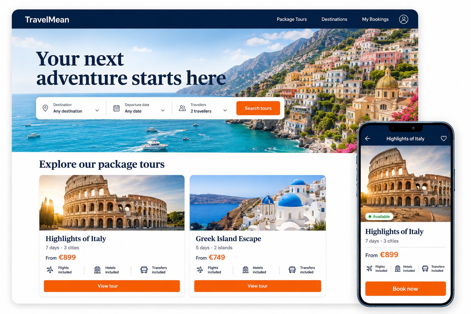TravelMean B2C booking website — package tour search on desktop and mobile