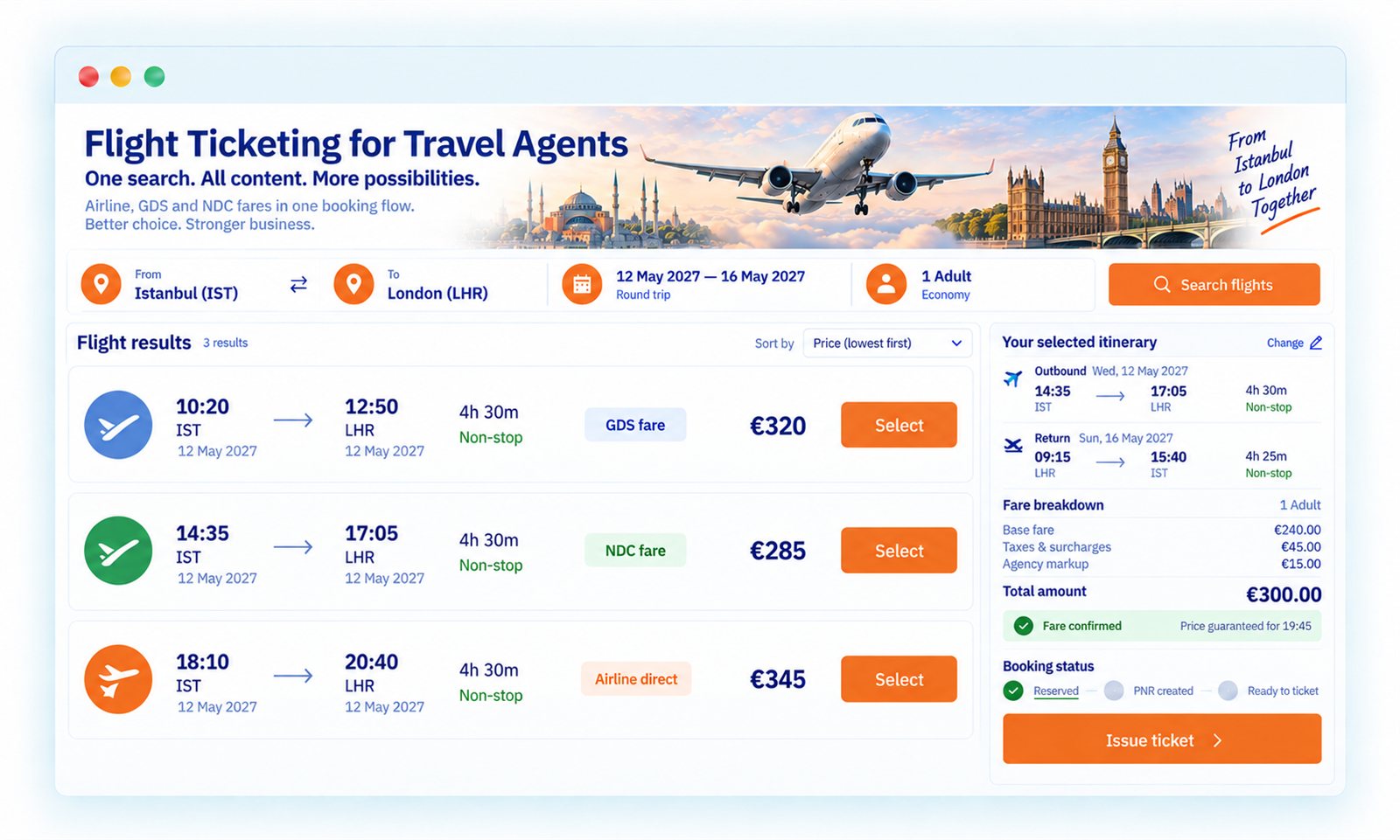 Flight results with GDS, NDC and airline-direct fares, selected itinerary, fare breakdown and ticketing status