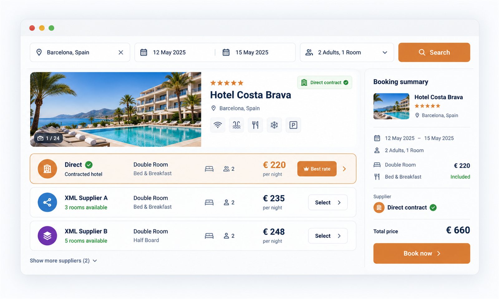 Hotel search results comparing a direct contract rate with XML supplier rates, plus booking summary