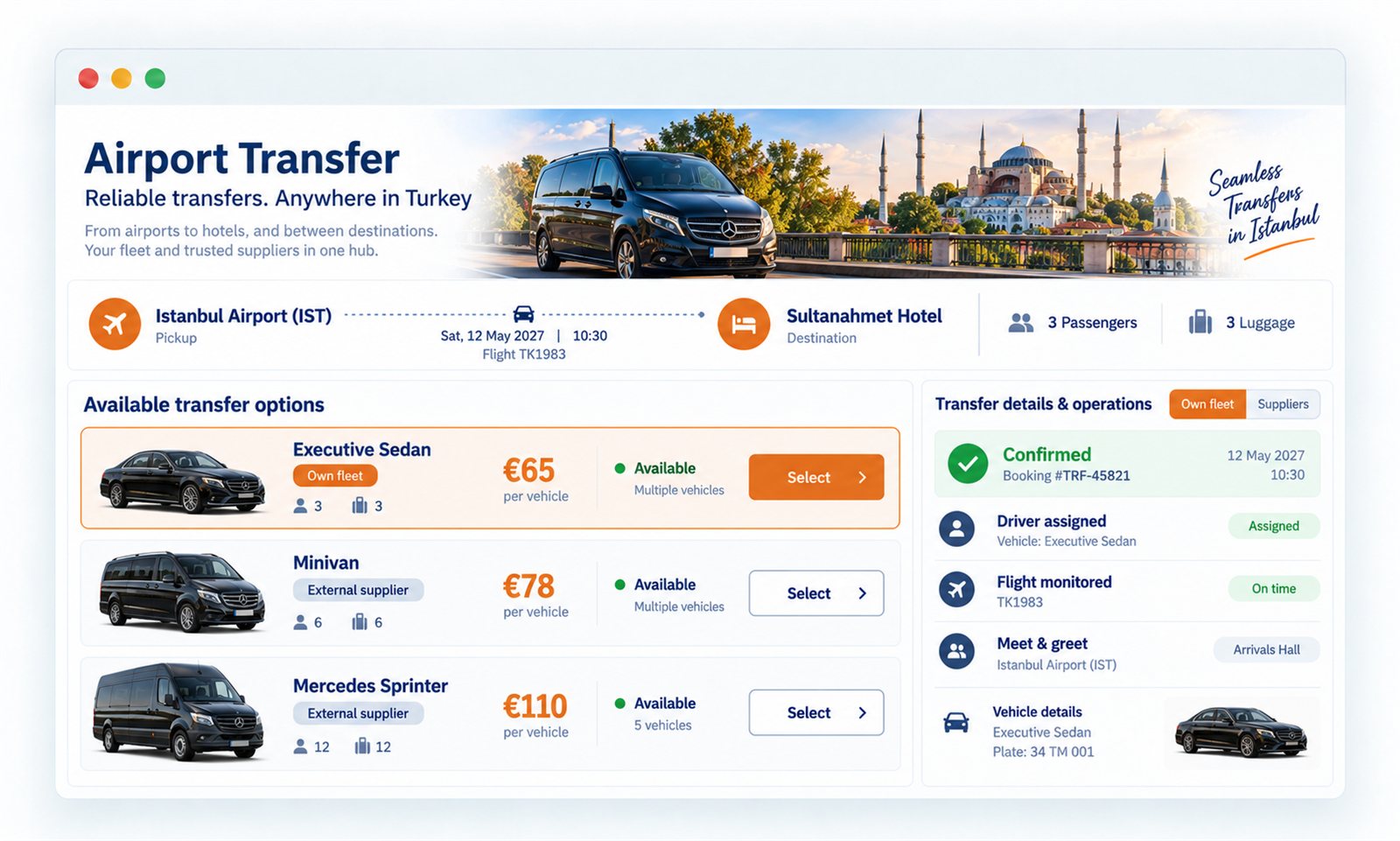Airport transfer booking — vehicle options from own fleet and suppliers, with driver, flight and meet-and-greet operations