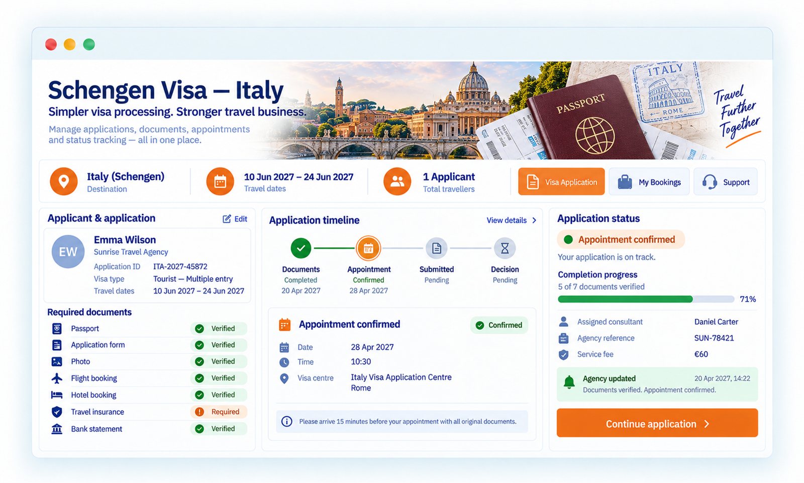 Schengen visa application — applicant details, required documents, appointment timeline and status tracking